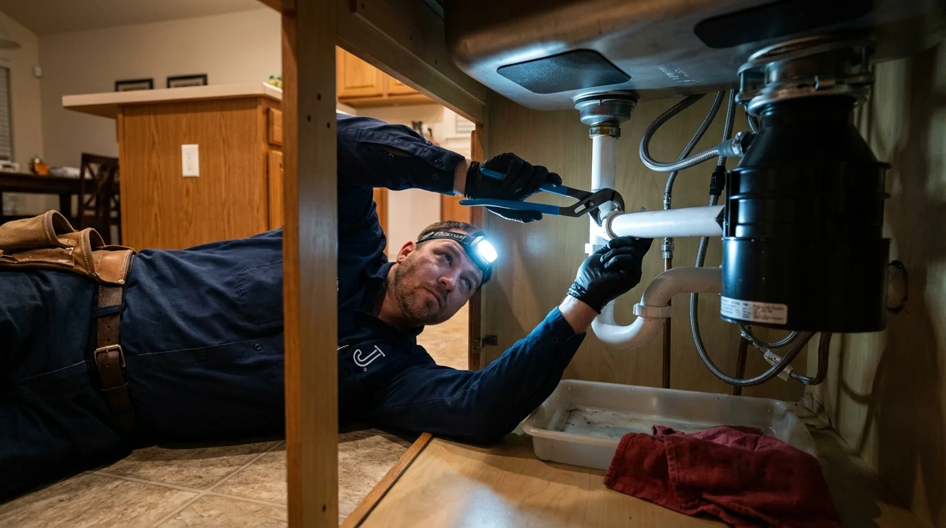P-trap and supply line connections under a kitchen sink showing a common leak point in Washington, GA